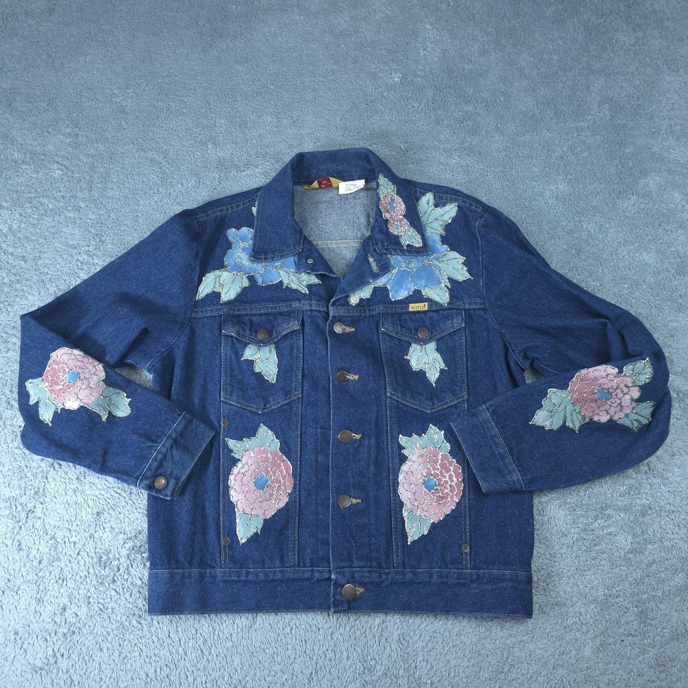 Vintage Rustler Jacket Womens Medium Blue Denim Floral Applique Glitter USA